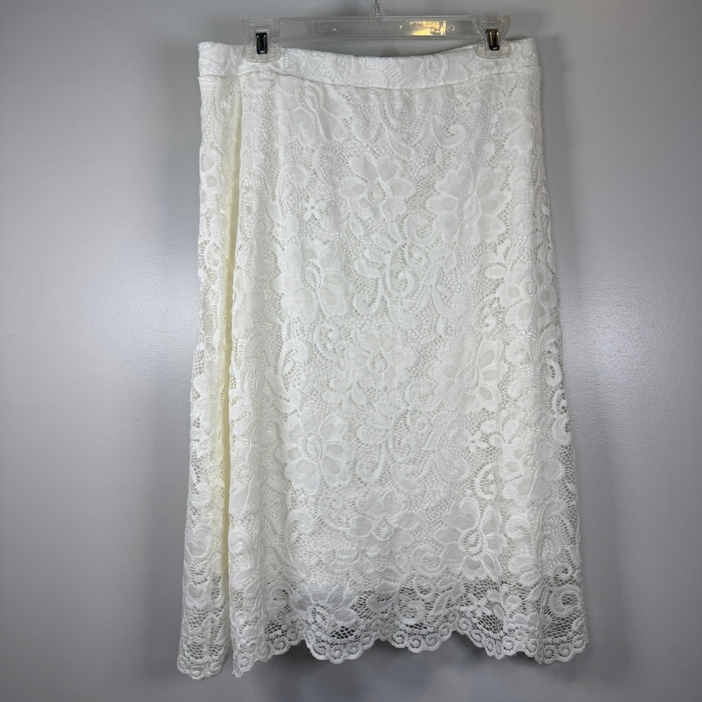 Olivia Blu Cream Floral Lace Midi Skirt Large‎ White Scalloped Hem Romantic Boho